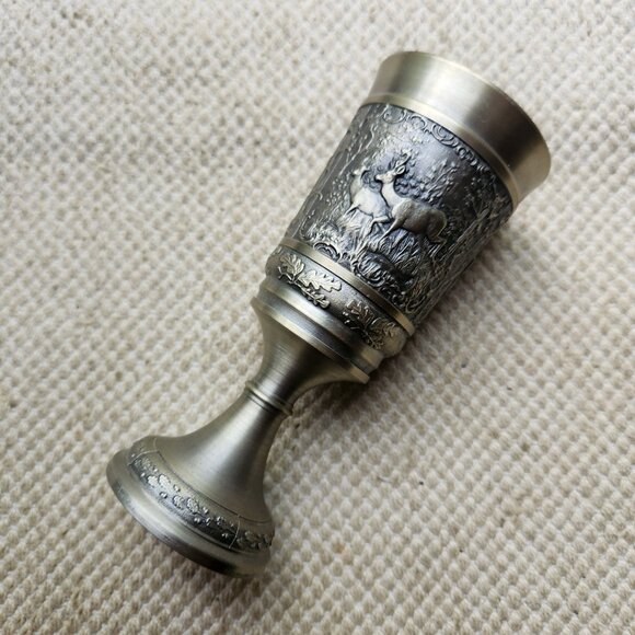 PEWTER Art 3D Hunting Scene Wine GOBLET Man smoking Pipe Deer Stag Leaf Chalice - Picture 2 of 8